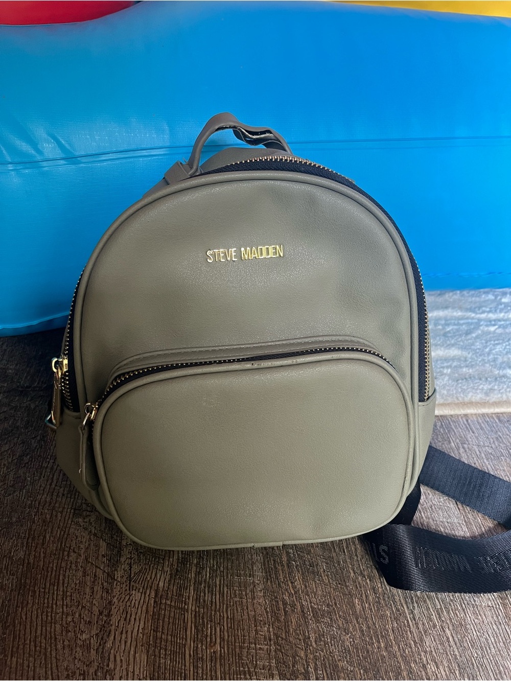 Steve Madden Olive Faux-Leather Mini Backpack with Gold Hardware